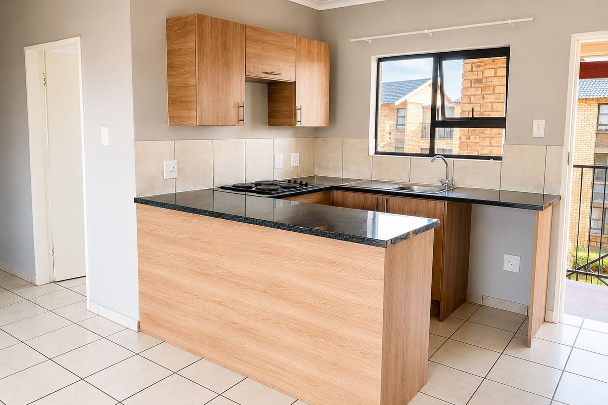 A clean, modern kitchen featuring light wood cabinetry, dark granite countertops, an integrated electric hob, and neutral tiled flooring with direct balcony access.