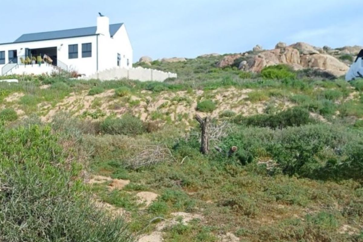 A view of the rear landscape featuring natural coastal vegetation, sand dunes, and rocky terrain with a residential building in the background.