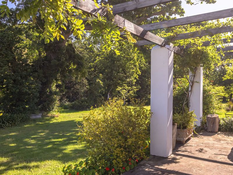 A shaded outdoor patio area featuring a wooden pergola structure supported by masonry pillars, overlooking a lush, established garden.