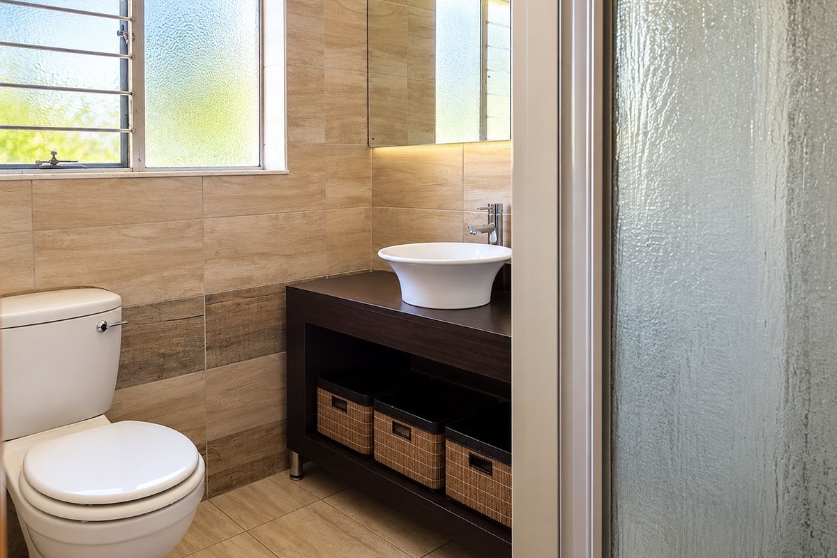 A modern bathroom featuring a vessel sink on a dark vanity cabinet, tiled walls, and a frosted glass window with security bars.