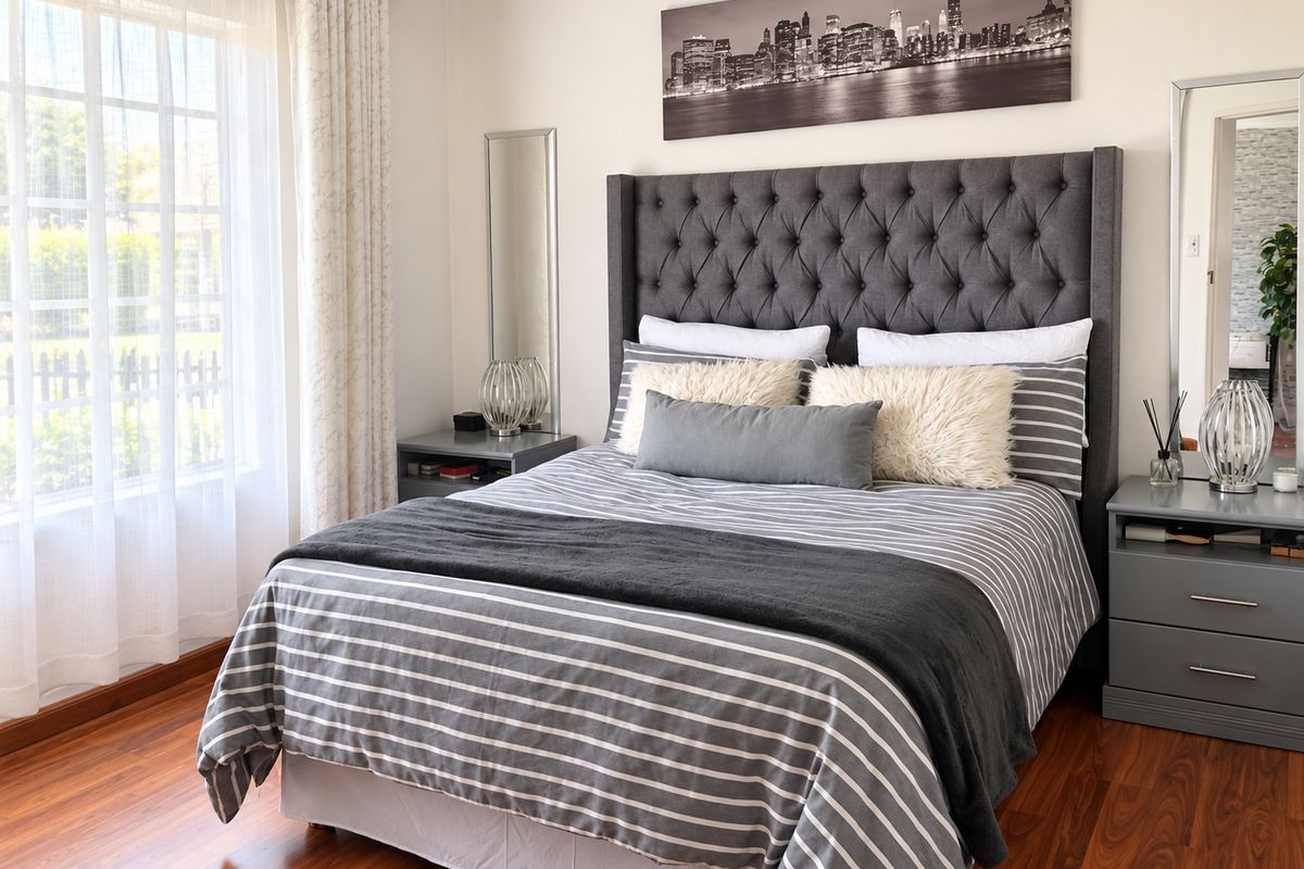 A well-maintained bedroom featuring warm-toned laminate flooring and a large window that allows for ample natural light.