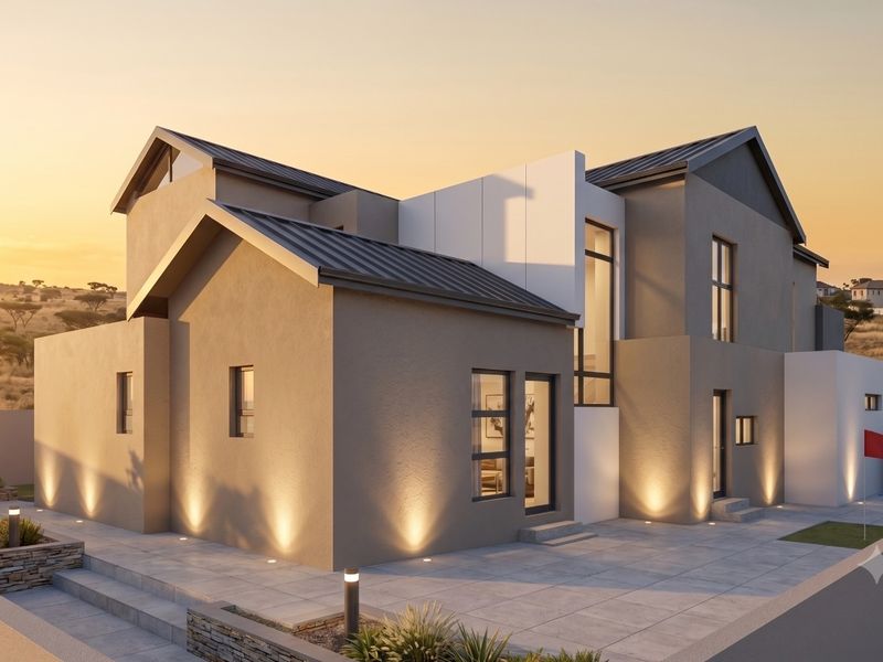 Modern double-story residence featuring a contemporary architectural design with a paved rear patio, metal roofing, and integrated exterior lighting at sunset.