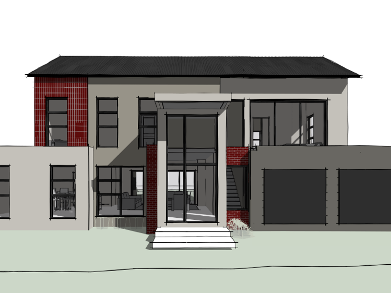 A digital architectural rendering of a modern double-storey house featuring a combination of brick and rendered finishes with large glass windows.
