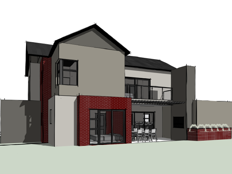 A 3D architectural rendering of the rear elevation featuring a brick and plaster facade, a covered patio, and an upper-level balcony.