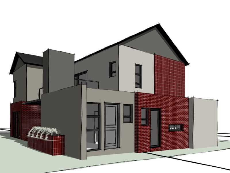 A digital architectural rendering of a modern two-story house featuring a combination of brick and rendered wall finishes with a pitched roof design.