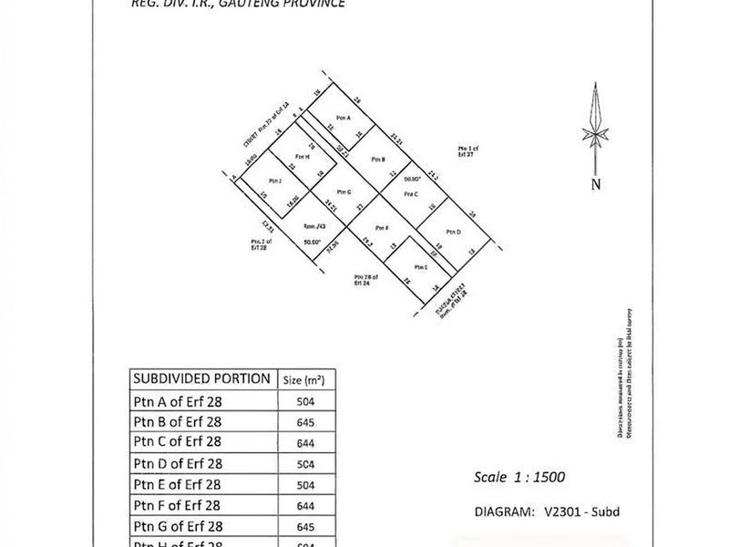 A detailed survey diagram showing the subdivision layout and individual plot sizes for Erf 28.