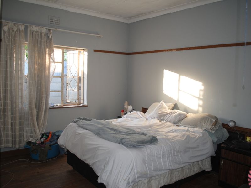A bedroom featuring a steel window frame, coved ceiling, and picture rail, requiring cosmetic updates to improve the overall condition of the space.