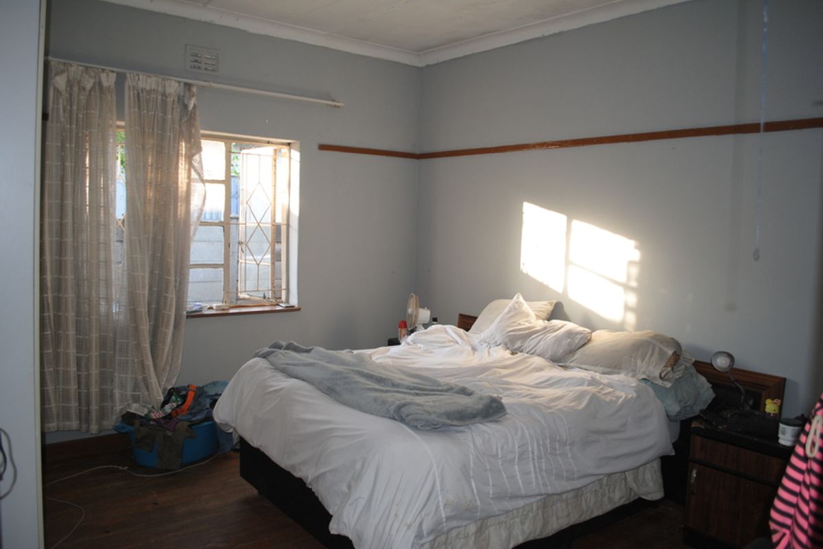 A bedroom featuring a steel window frame, coved ceiling, and picture rail, requiring cosmetic updates to improve the overall condition of the space.