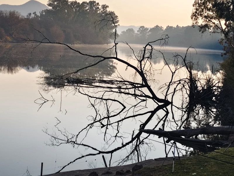 A scenic view of the river at sunrise, showcasing the natural landscape and waterfront setting of the small holding.