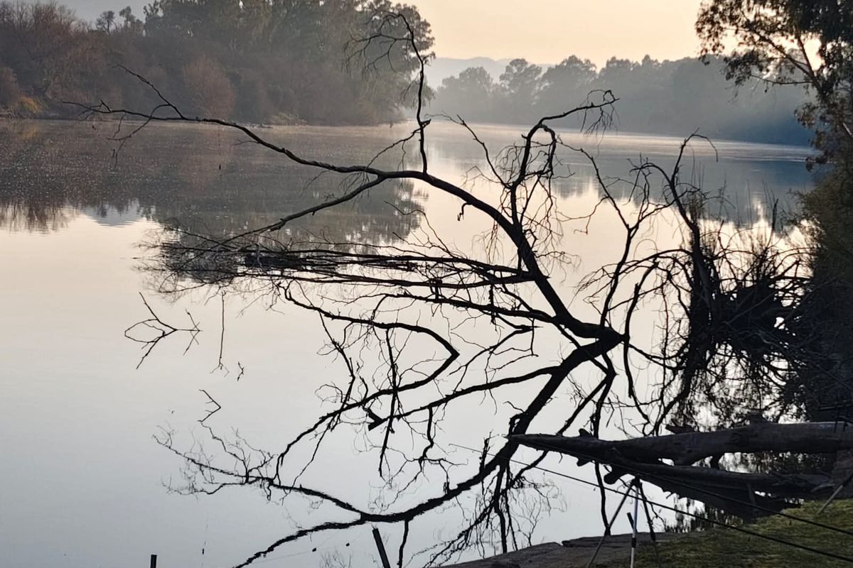 A scenic view of the river at sunrise, showcasing the natural landscape and waterfront setting of the small holding.