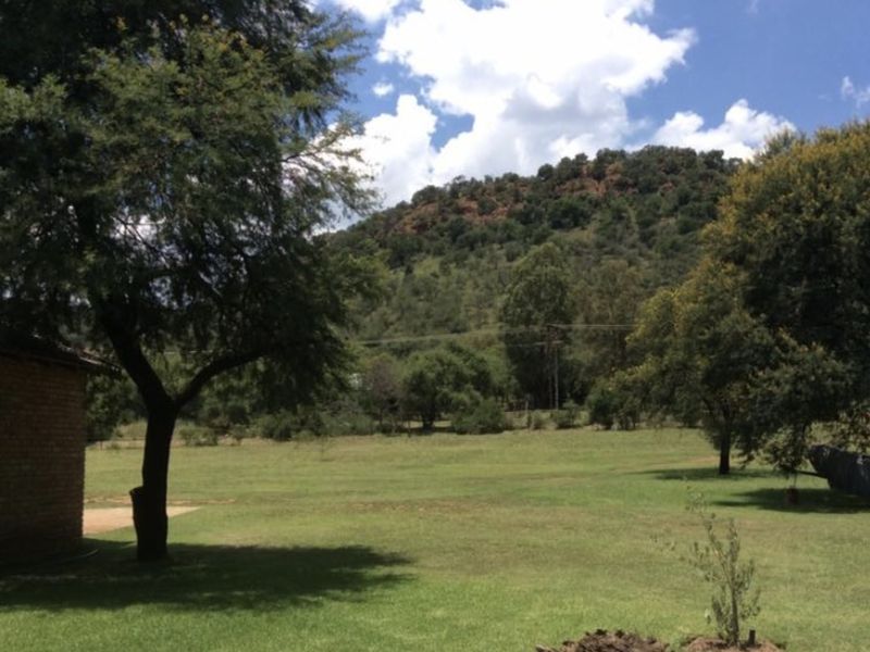 A scenic view of the expansive garden and lawn area, featuring mature trees and a prominent mountain backdrop on the small holding.