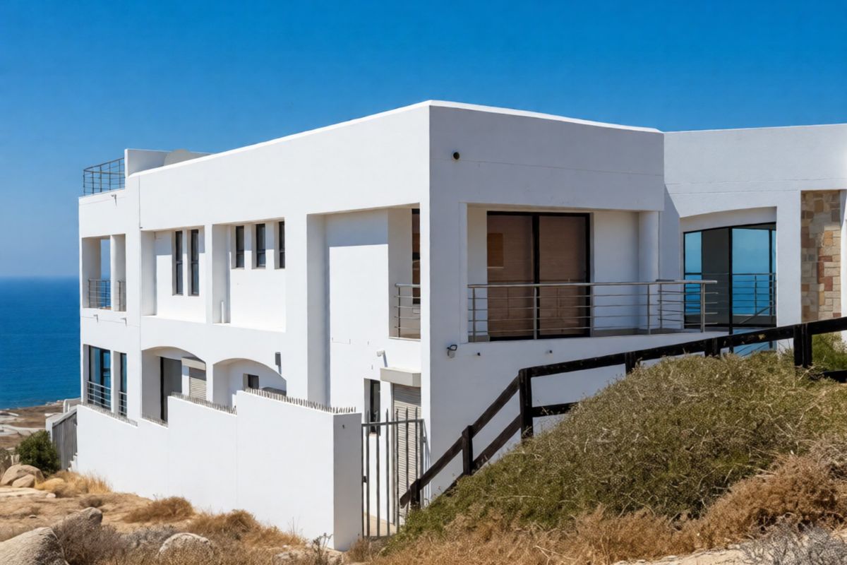 Modern multi-level coastal residence featuring white rendered facade, stainless steel balcony railings, and expansive ocean views.
