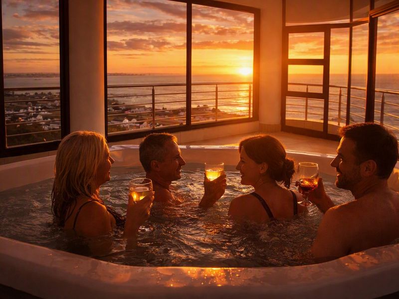 A luxurious balcony featuring a built-in spa with panoramic ocean views and floor-to-ceiling windows, perfect for sunset relaxation.