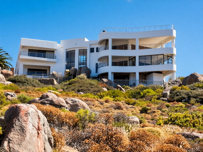 A modern multi-level residence featuring a curved architectural design, expansive glass windows, and multiple balconies overlooking a natural rocky landscape.
