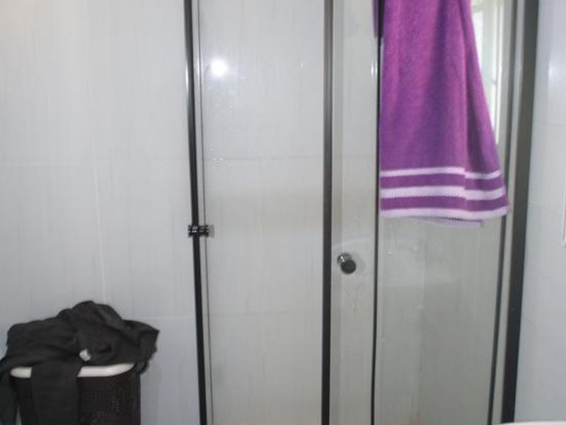 A functional bathroom featuring a modern black-framed shower enclosure with mosaic floor tiling and a pedestal basin.