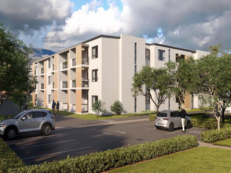 A modern apartment building exterior featuring balconies, paved parking, and landscaped grounds, presented as a high-quality architectural rendering.