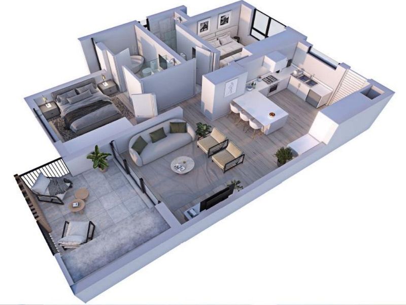 A 3D floor plan rendering of a modern apartment featuring an open-plan kitchen, living area, two bedrooms, two bathrooms, and a spacious balcony.
