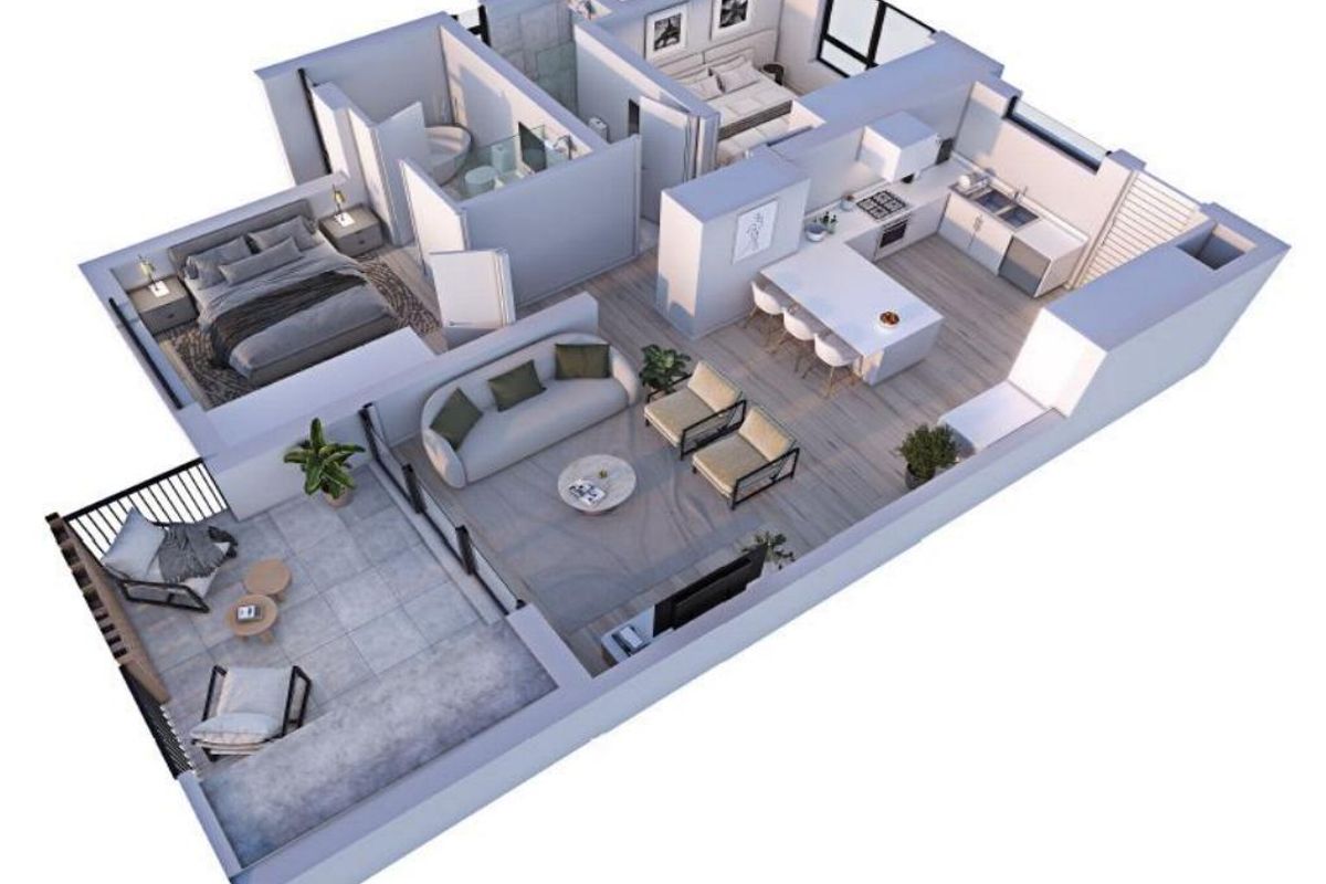 A 3D floor plan rendering of a modern apartment featuring an open-plan kitchen, living area, two bedrooms, two bathrooms, and a spacious balcony.