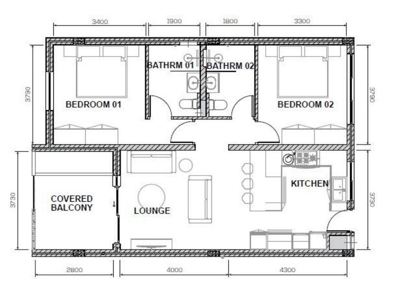 A detailed architectural floor plan showing a two-bedroom apartment layout with two bathrooms, an open-plan lounge, kitchen, and a covered balcony.