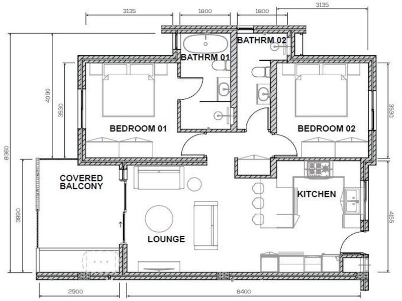 A detailed architectural floor plan showing a two-bedroom apartment layout with two bathrooms, an open-plan lounge, kitchen, and a covered balcony.