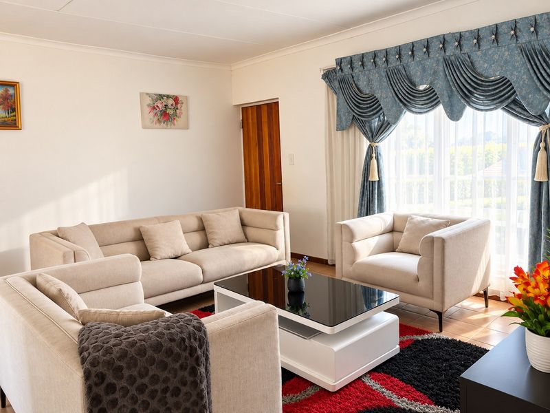 A bright and comfortable living room featuring tiled flooring, a wooden door, and large windows with decorative curtains.