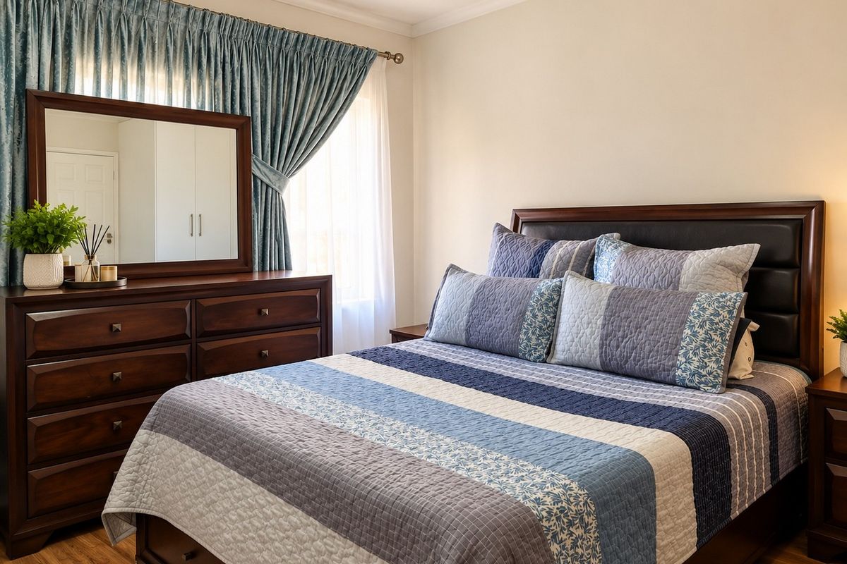 A well-maintained bedroom featuring laminate flooring, neutral walls, and a built-in wardrobe with a classic cornice finish.