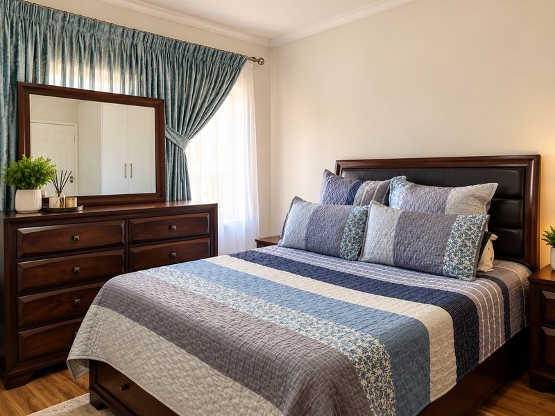 A well-maintained bedroom featuring laminate flooring, neutral walls, and a built-in wardrobe with a classic cornice finish.