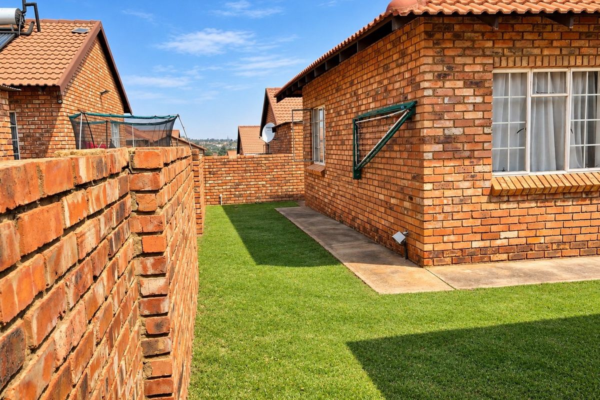 A side view of the property featuring a face brick exterior, tiled roof, concrete walkway, and a well-maintained lawn area.