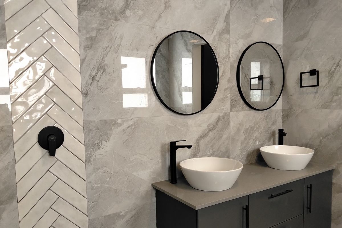 Modern bathroom featuring a double vanity with vessel sinks, matte black fixtures, and elegant grey marble-look wall tiles with a herringbone accent.