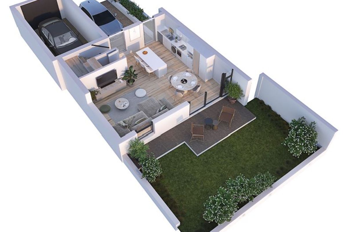 A 3D floor plan rendering showing the layout of a townhouse, including an open-plan living space, kitchen, patio, garden, and garage.