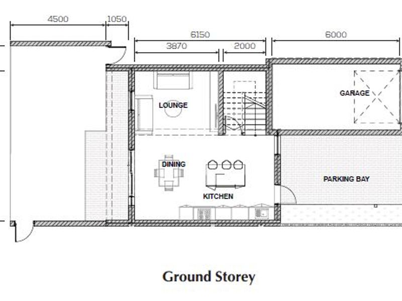A detailed ground floor plan showing the layout of the lounge, dining area, kitchen, garage, and parking bay.