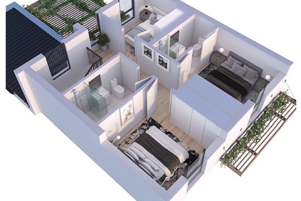 A 3D rendered floor plan showing the layout of a multi-bedroom townhouse level with en-suite bathrooms and outdoor terrace areas.