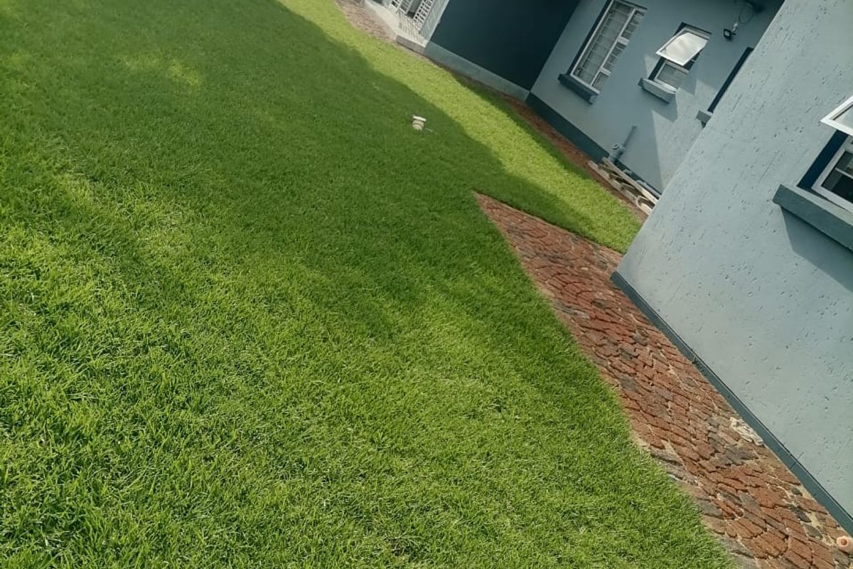 A well-maintained rear garden featuring a lush lawn, brick paved pathway, and a solar water heating system installed on the exterior wall.