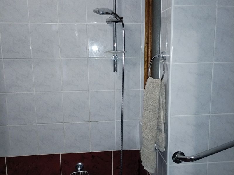 A functional bathroom shower area featuring light-toned wall tiles, a chrome shower fixture, and a safety grab rail.