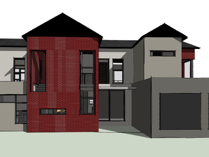 A digital architectural rendering of a modern two-story house featuring a prominent red brick facade, pitched roof, and integrated double garage.