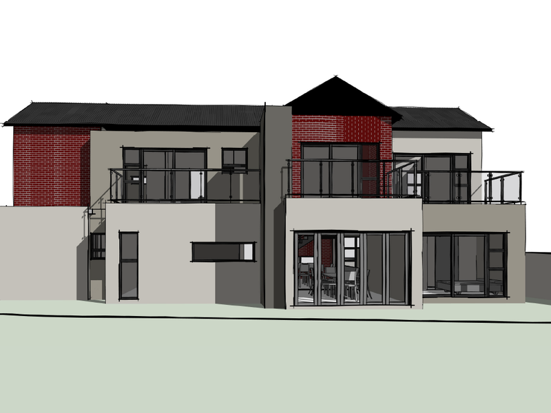 A digital architectural rendering of a modern two-story residential property featuring brick accents, multiple balconies with glass balustrades, and large folding glass doors.