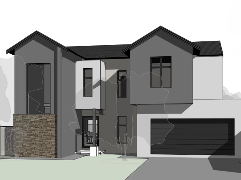 A modern architectural rendering of a two-story residential home featuring stone cladding, a double garage, and a contemporary facade design.