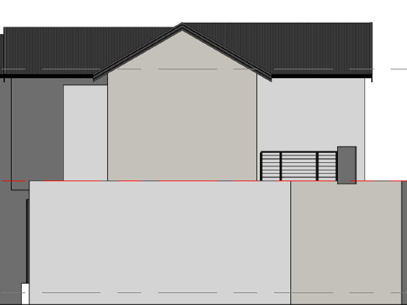 An architectural elevation drawing showing the side profile of the house structure, including roof pitch and balcony detail.