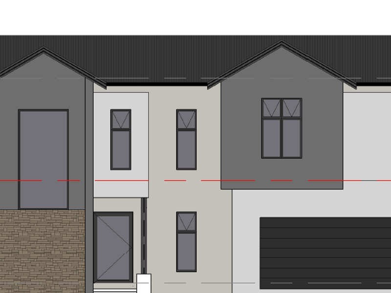 Architectural rendering of a modern two-story house facade featuring stone cladding, dark metal roofing, and a double garage.