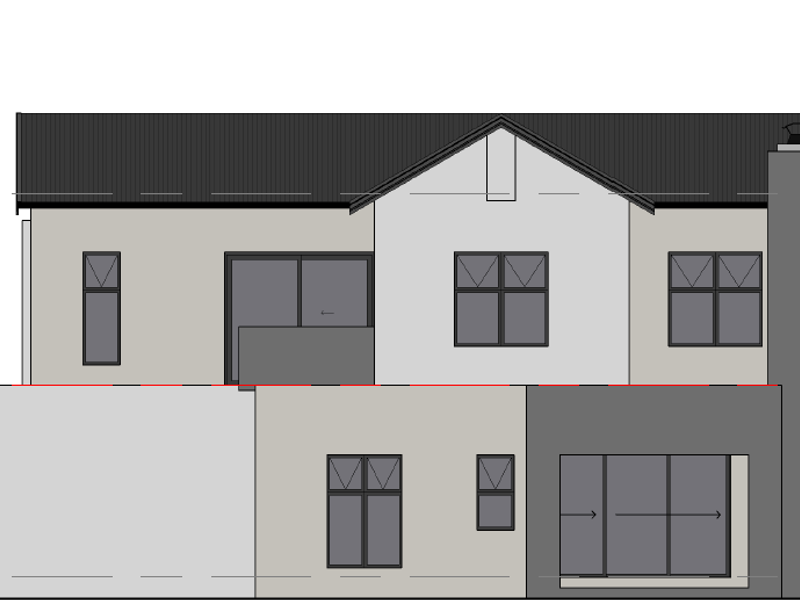 Architectural elevation drawing showing the exterior facade design, including roof structure, window placement, and chimney detail.