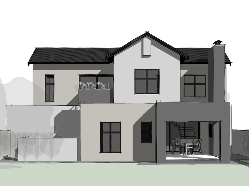 Architectural sketch rendering of the rear elevation of a two-story house featuring a covered patio, balcony, and chimney.