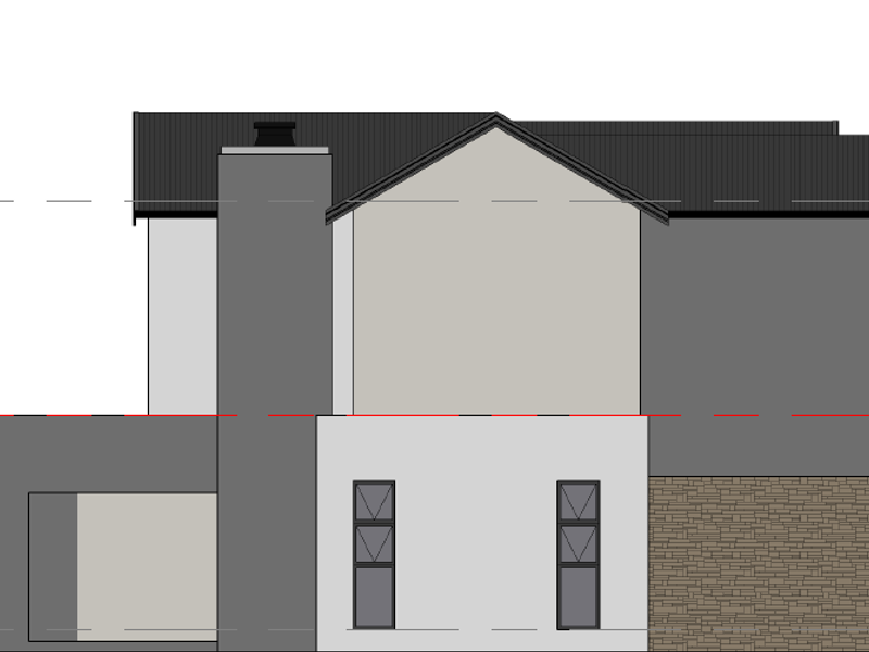 Architectural elevation drawing showing the side profile of the house with stone cladding, chimney, and garage entrance.
