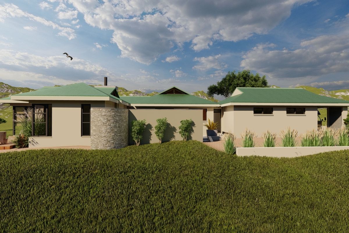 A digital architectural rendering of a modern residential property exterior featuring a green metal roof, stone cladding accents, and landscaped grounds.