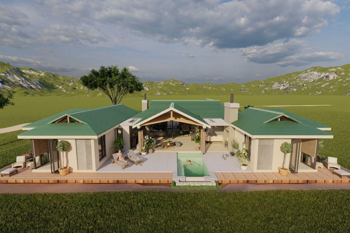 An aerial view of a modern residential property featuring a green roof, central patio, and swimming pool set against a scenic landscape.