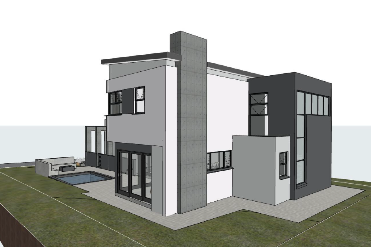 A 3D architectural render of a modern two-story house featuring a rear patio, swimming pool, and distinctive concrete chimney stack.