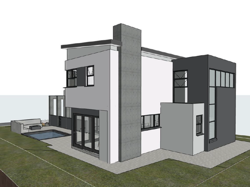 A 3D architectural render of a modern two-story house featuring a rear patio, swimming pool, and distinctive concrete chimney stack.
