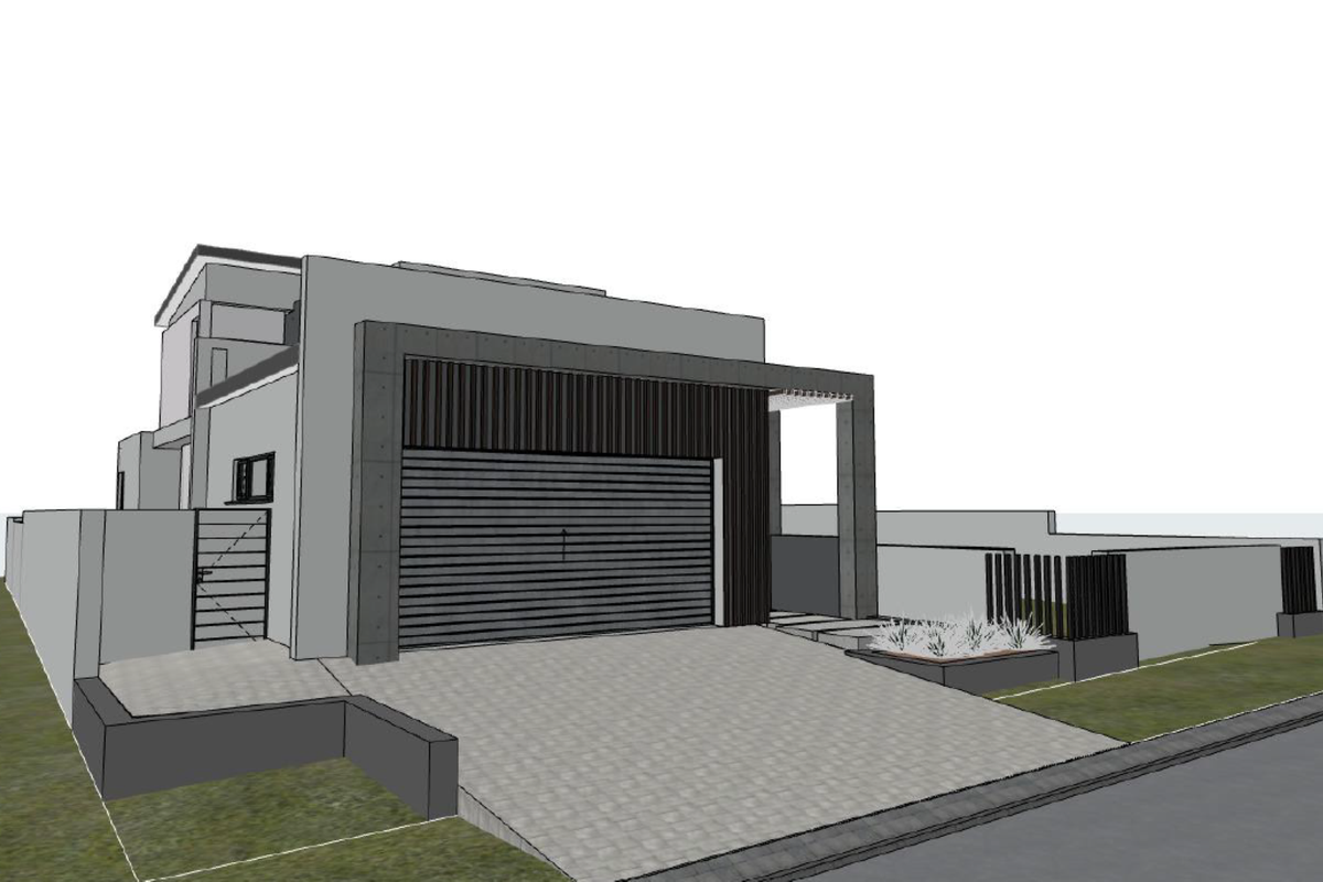 A 3D architectural render of a modern house exterior featuring a garage, concrete driveway, and perimeter boundary walls.