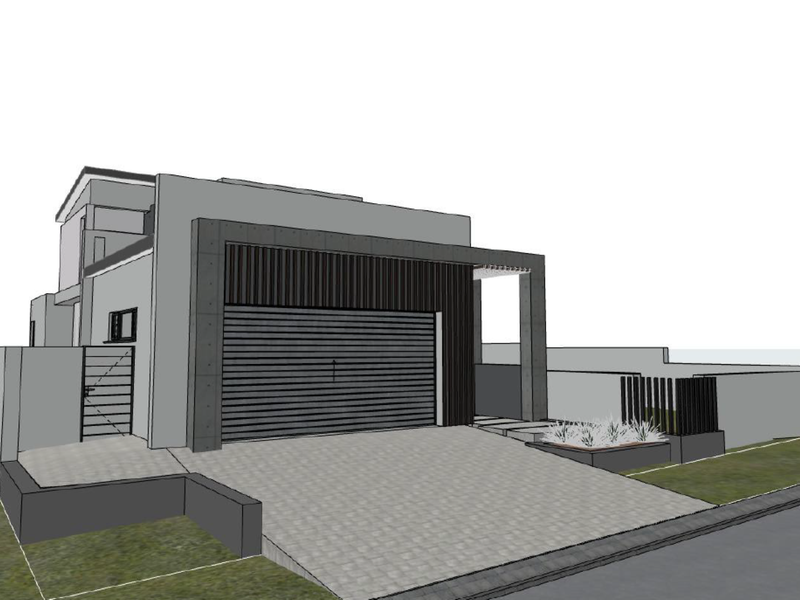 A 3D architectural render of a modern house exterior featuring a garage, concrete driveway, and perimeter boundary walls.