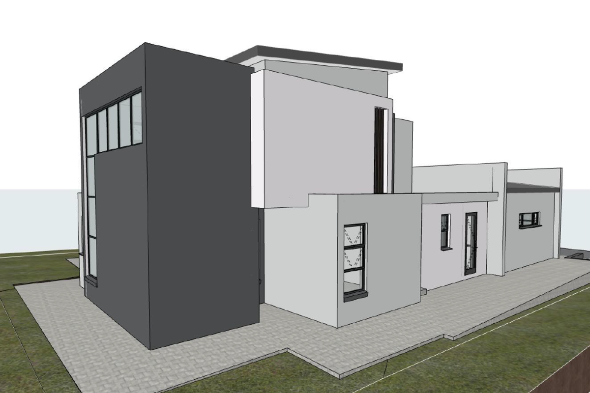 A 3D architectural render showing the modern exterior facade of a house with clean lines and paved surrounding areas.