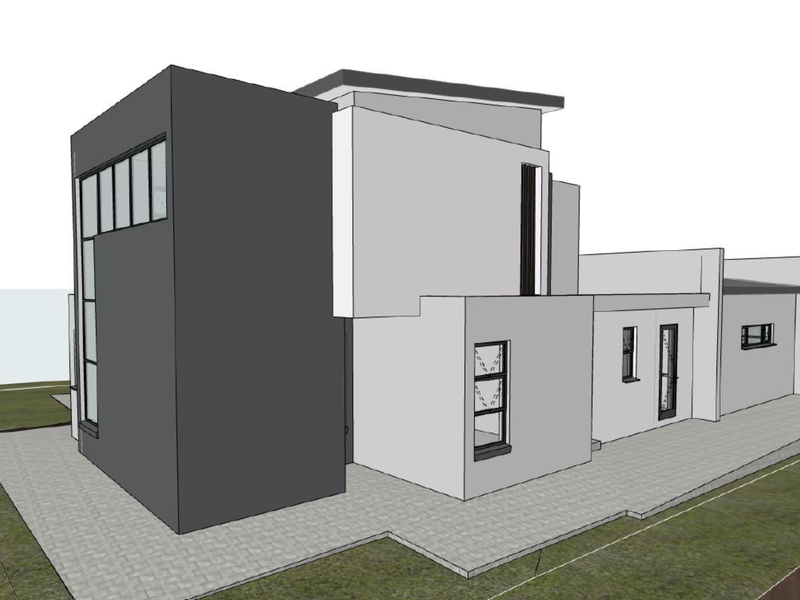 A 3D architectural render showing the modern exterior facade of a house with clean lines and paved surrounding areas.